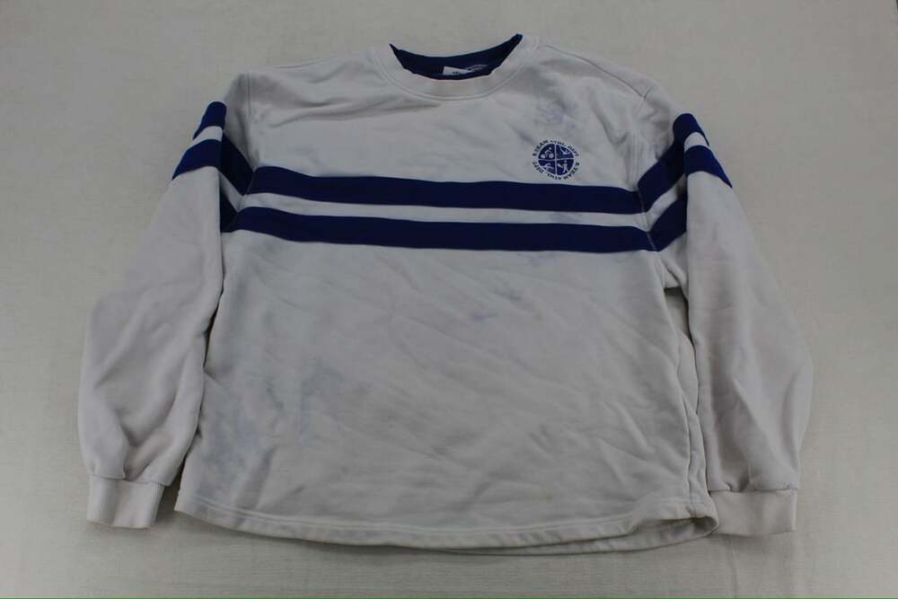 Bo & Tee B Team Athletic Dept Sweatshirt S/M White Blue Striped Pullover